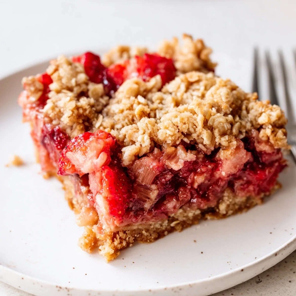 Homemade strawberry rhubarb crumble bars featuring sweet tart fruit layered between crumbly oat topping