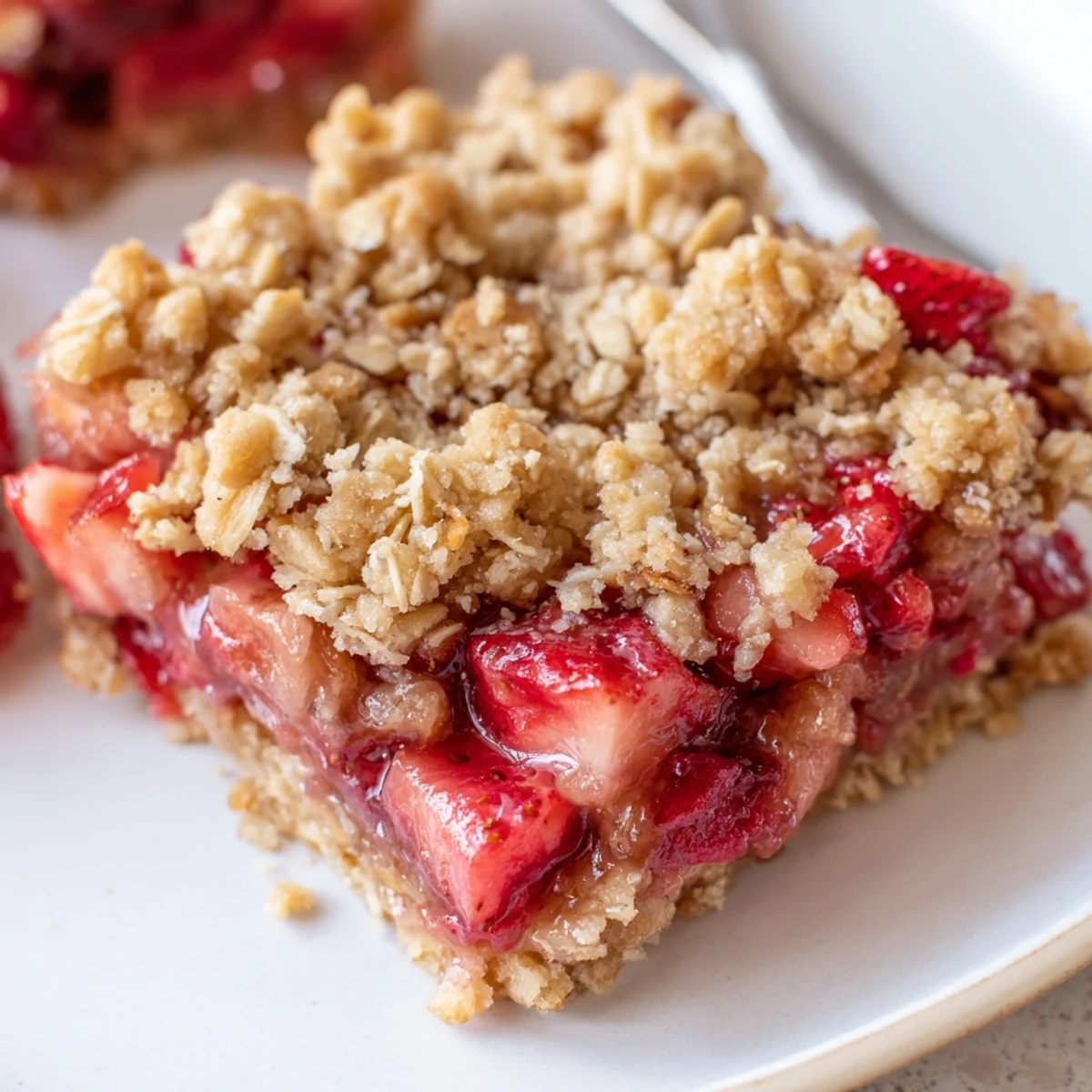 Fresh baked strawberry rhubarb crumble bars cut into squares with juicy strawberry rhubarb center