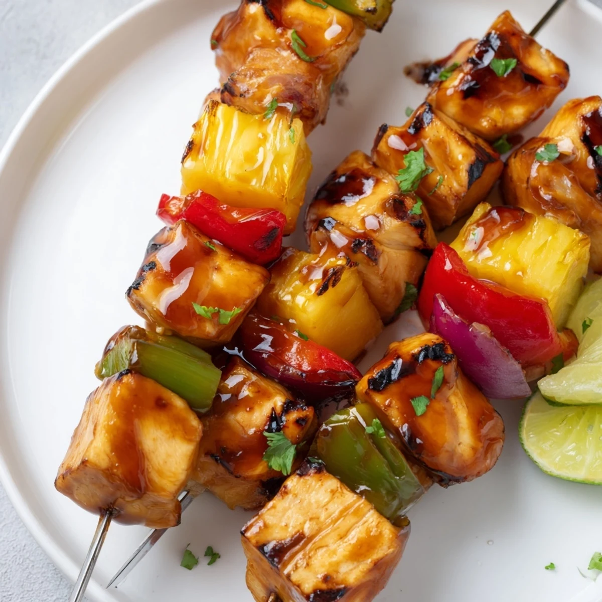 Hawaiian Chicken Kabobs skewered with pineapple and red onion, served with lime