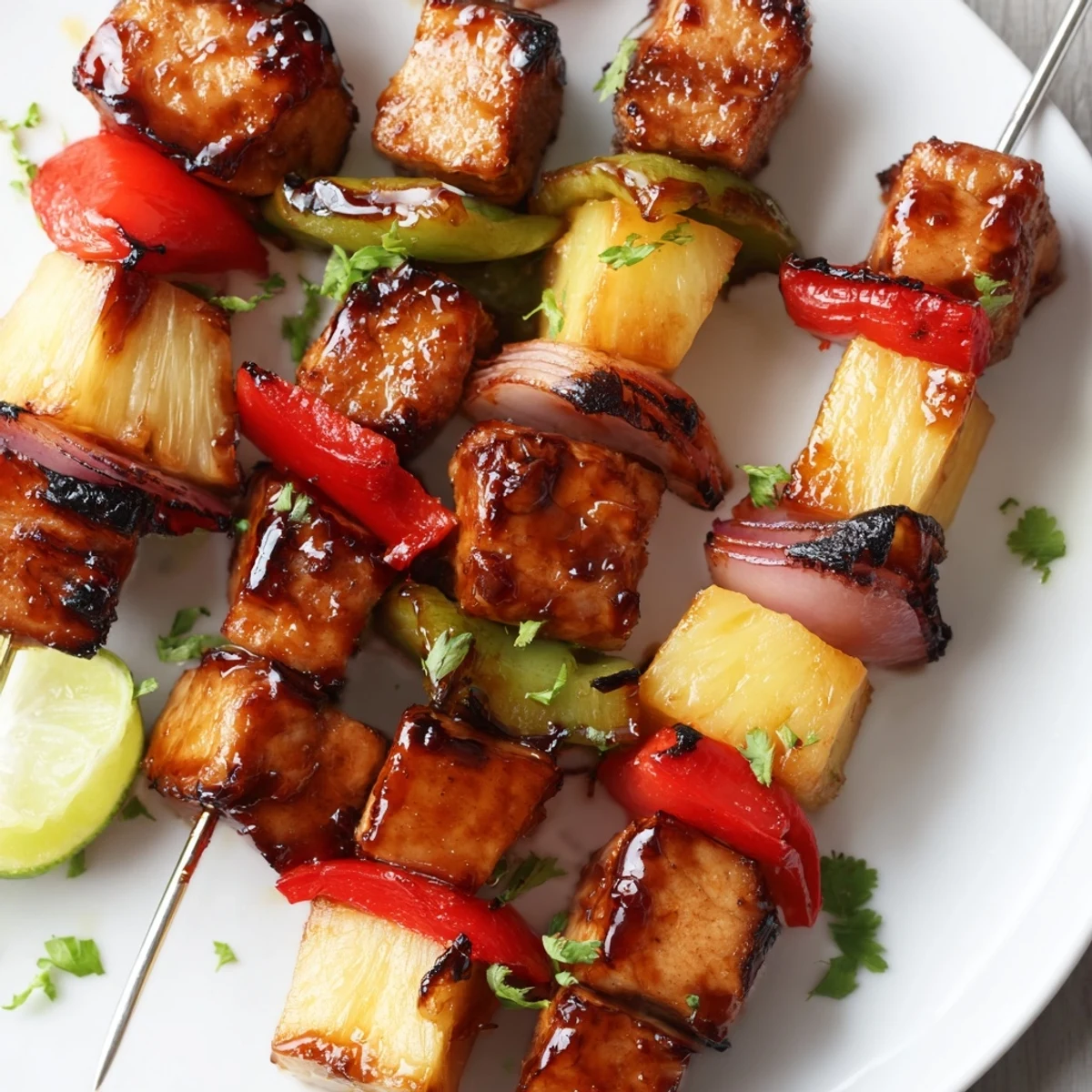 Marinated Hawaiian Chicken Kabobs sizzling on the grill, garnished with fresh cilantro