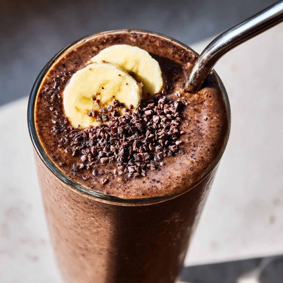 Thick creamy chocolate peanut butter protein smoothie topped with banana slices in a glass
