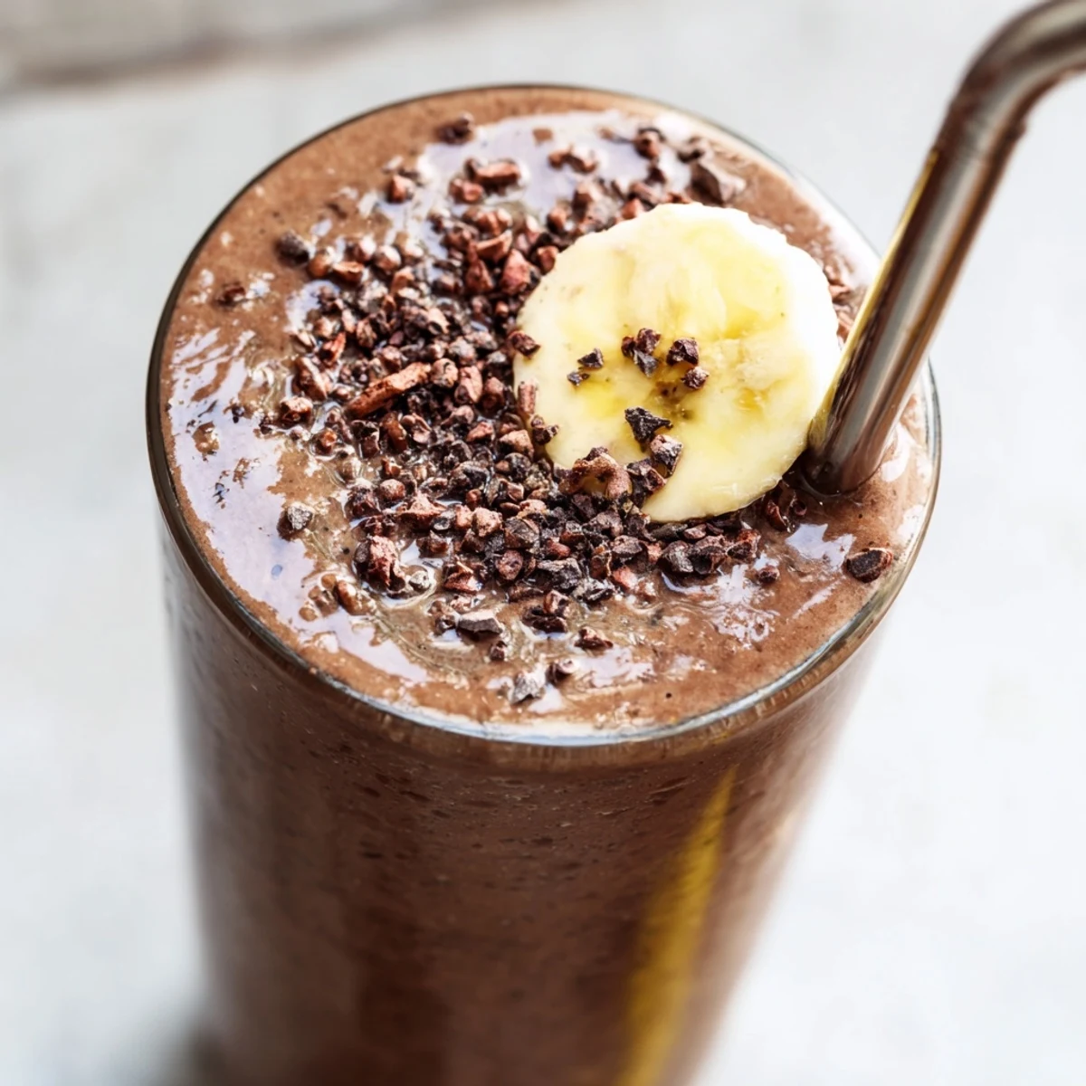 Rich glass of chocolate peanut butter protein smoothie garnished with cacao nibs on a wooden table