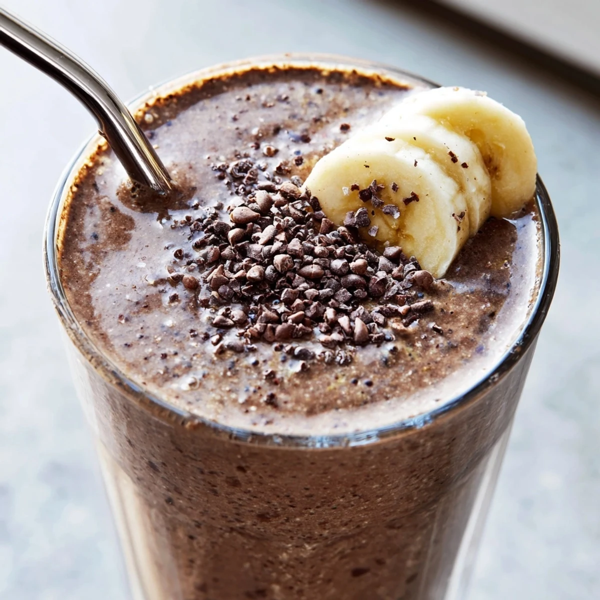 Velvety chocolate peanut butter protein smoothie poured into two tall glasses for a healthy breakfast