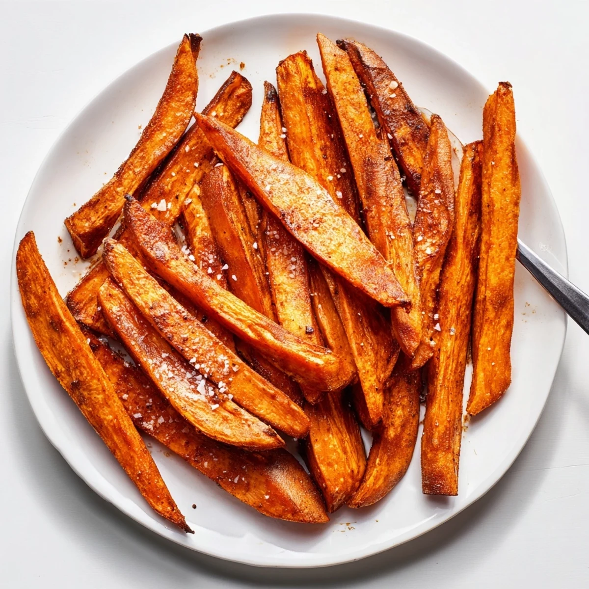 Golden brown crispy oven sweet potato fries arranged on a white baking sheet