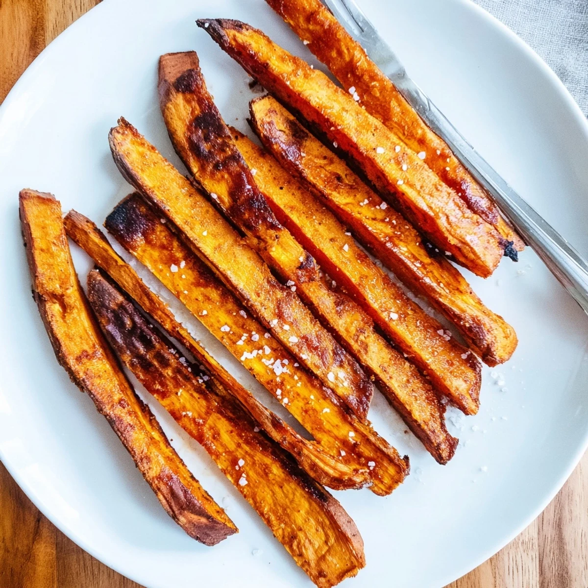 Heaping pile of golden baked sweet potato fries sprinkled with sea salt and paprika