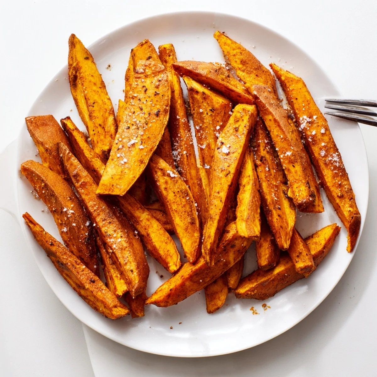 Steam rising from a bowl of seasoned crispy oven sweet potato fries with spices