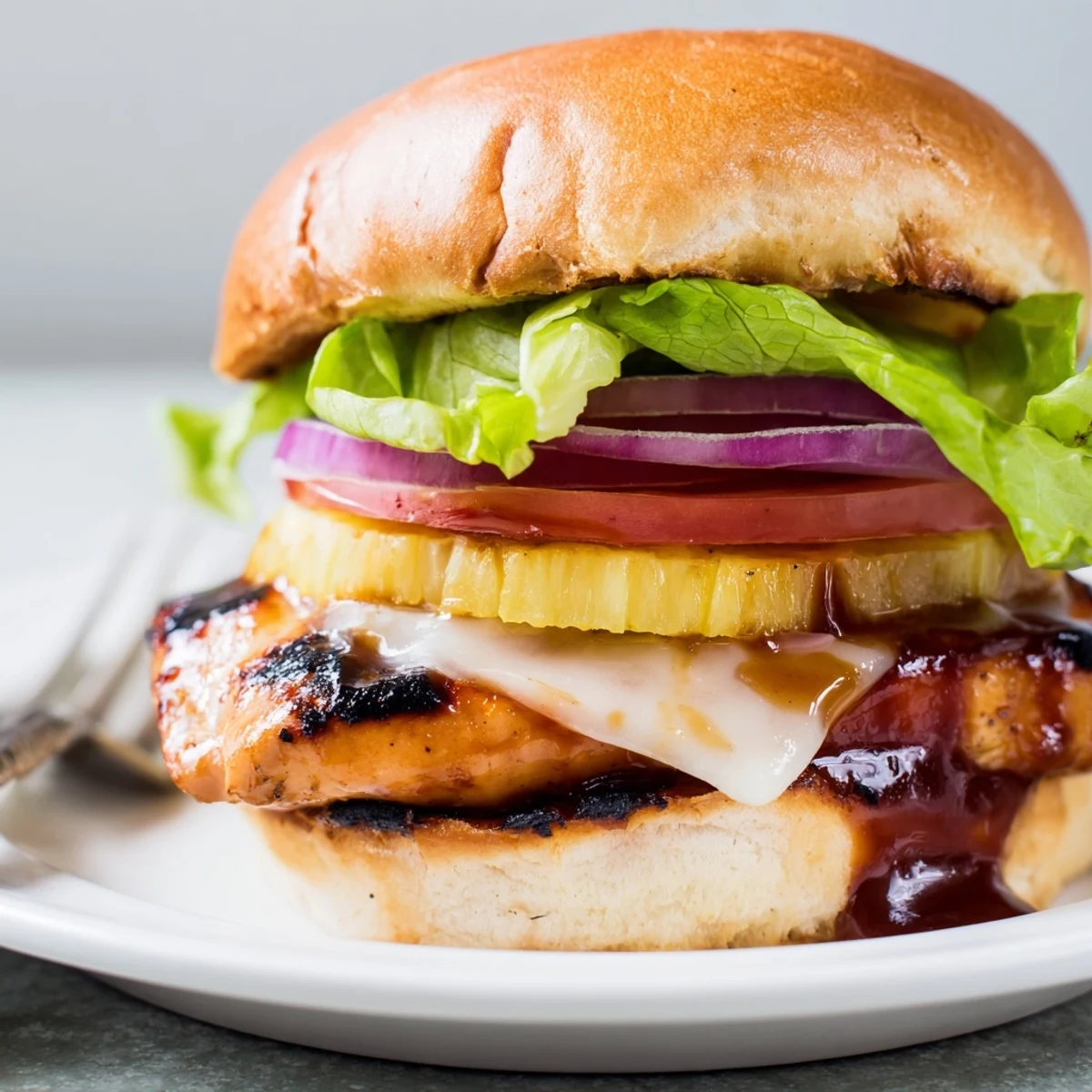 Tropical grilled Hawaiian chicken sandwiches featuring teriyaki glazed chicken, charred pineapple rings, and fresh lettuce on buttered buns