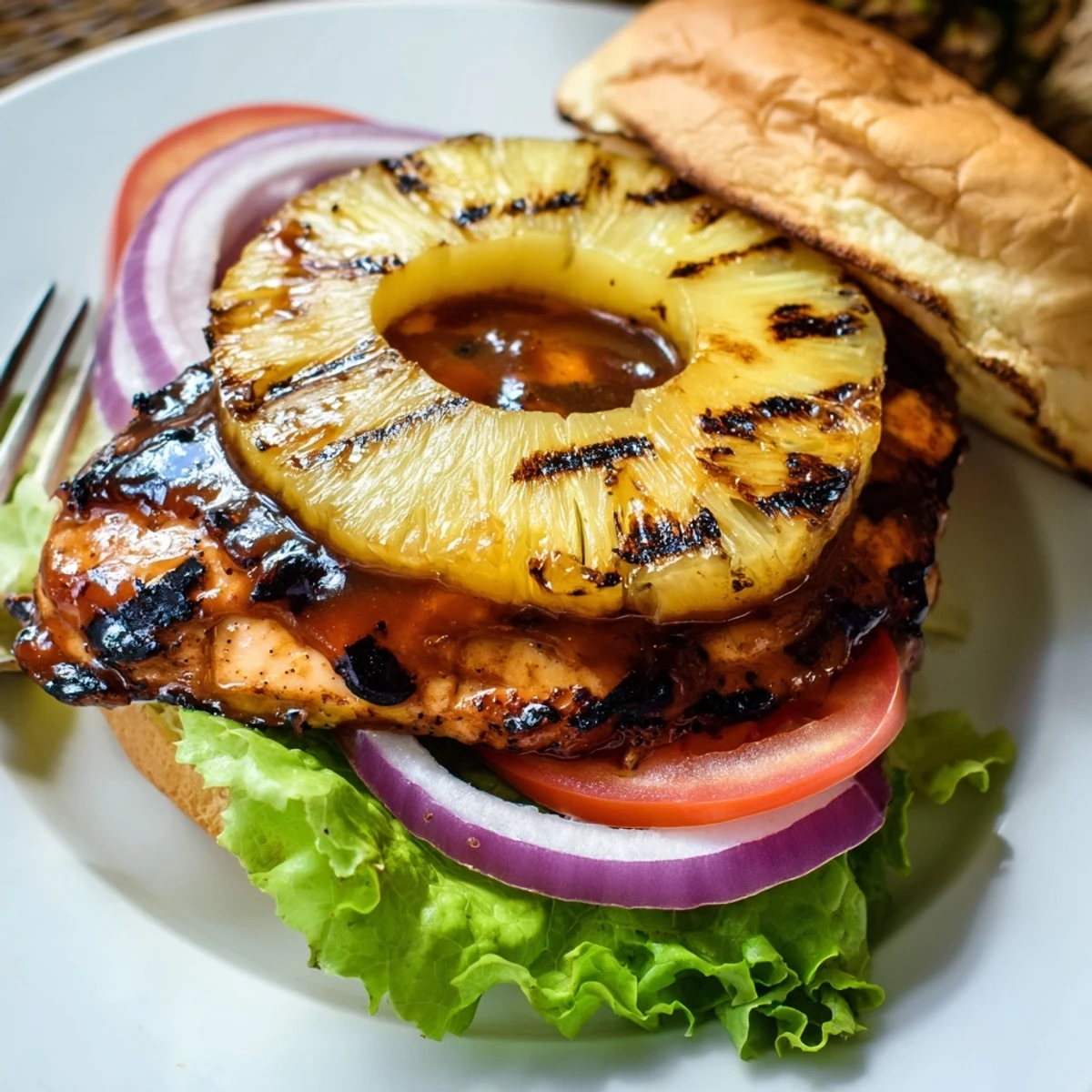 Golden grilled Hawaiian chicken sandwiches stacked with melted Swiss cheese, juicy pineapple, and crisp vegetables on toasted buns