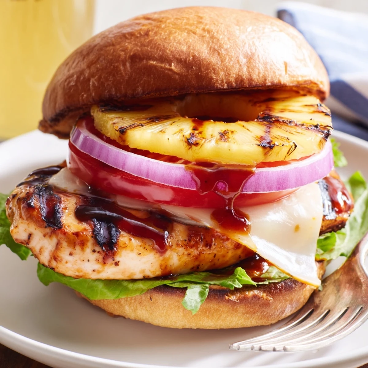 Delicious Hawaiian chicken sandwiches with grilled chicken breast, melted provolone, sweet pineapple, and sliced tomatoes on golden toast