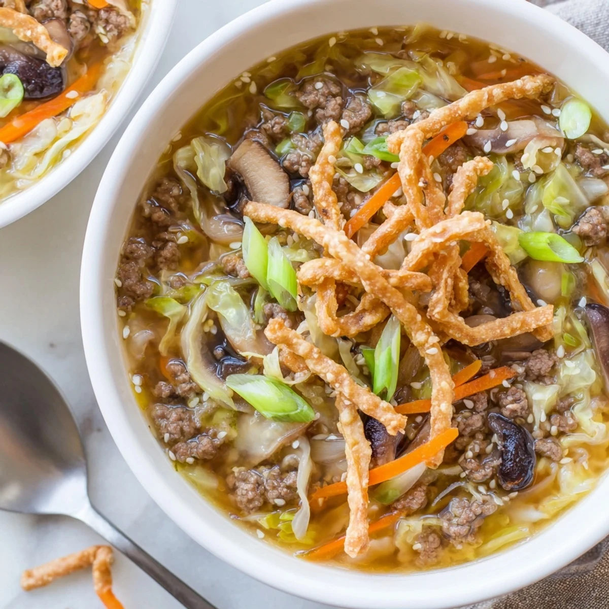 Golden savory Asian beef egg roll soup garnished with crispy wonton strips and sesame seeds in a white bowl