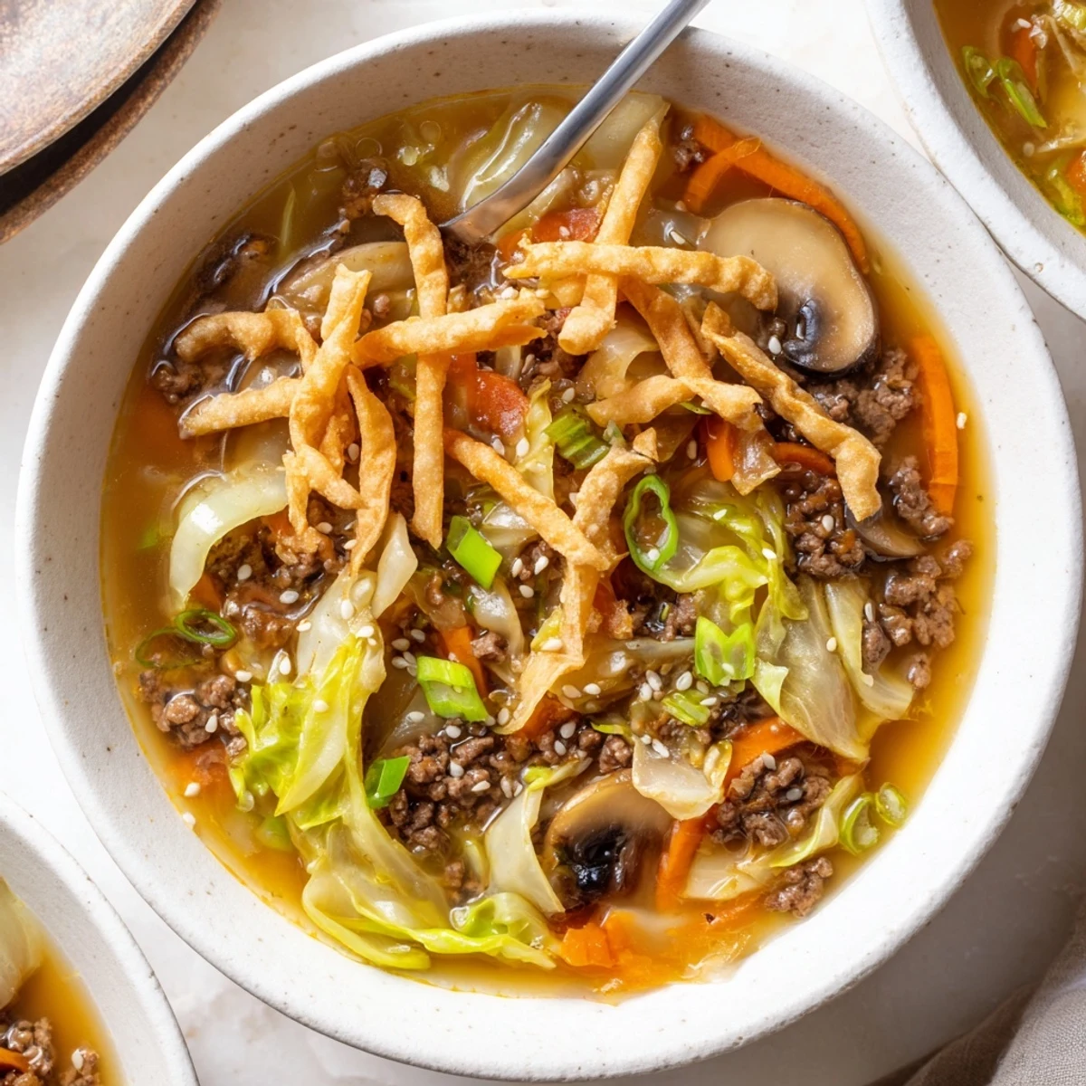 Steaming bowl of Asian beef egg roll soup featuring tender ground beef, crisp cabbage, carrots, and aromatic broth