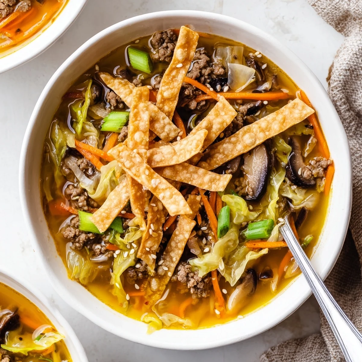 Close-up of comforting Asian beef egg roll soup with fresh green onions, crunchy vegetables, and rich umami broth