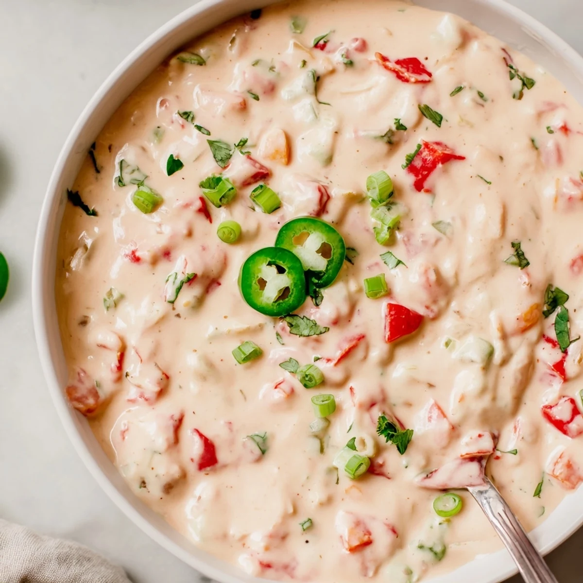Creamy dairy free Rotel nacho dip with melted vegan cheese and diced tomatoes