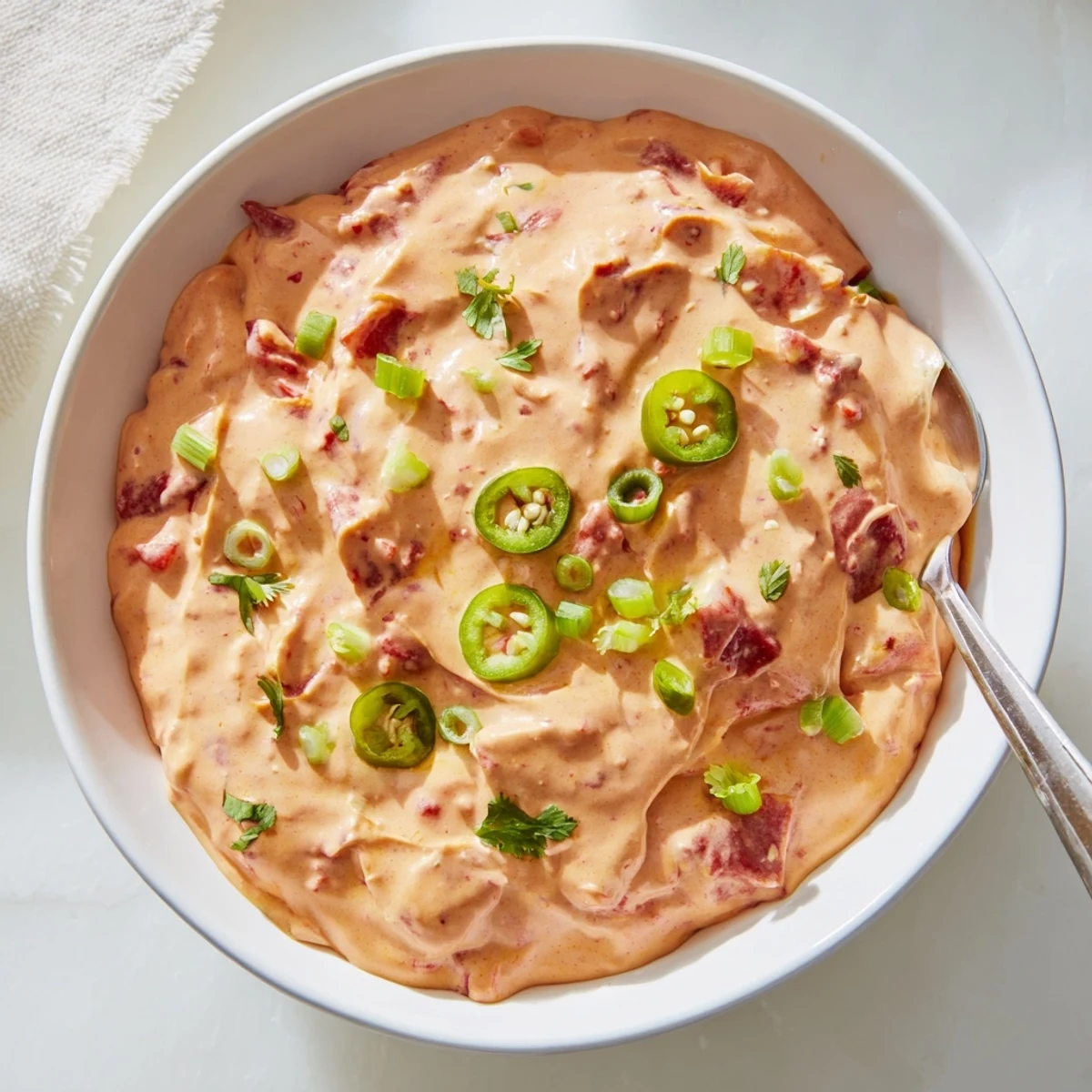 Steamering bowl of dairy free Rotel nacho dip topped with fresh cilantro and jalapeños