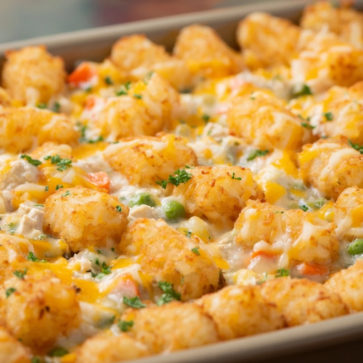 Comforting chicken tater tot casserole topped with crispy potato tots and bubbling cheese