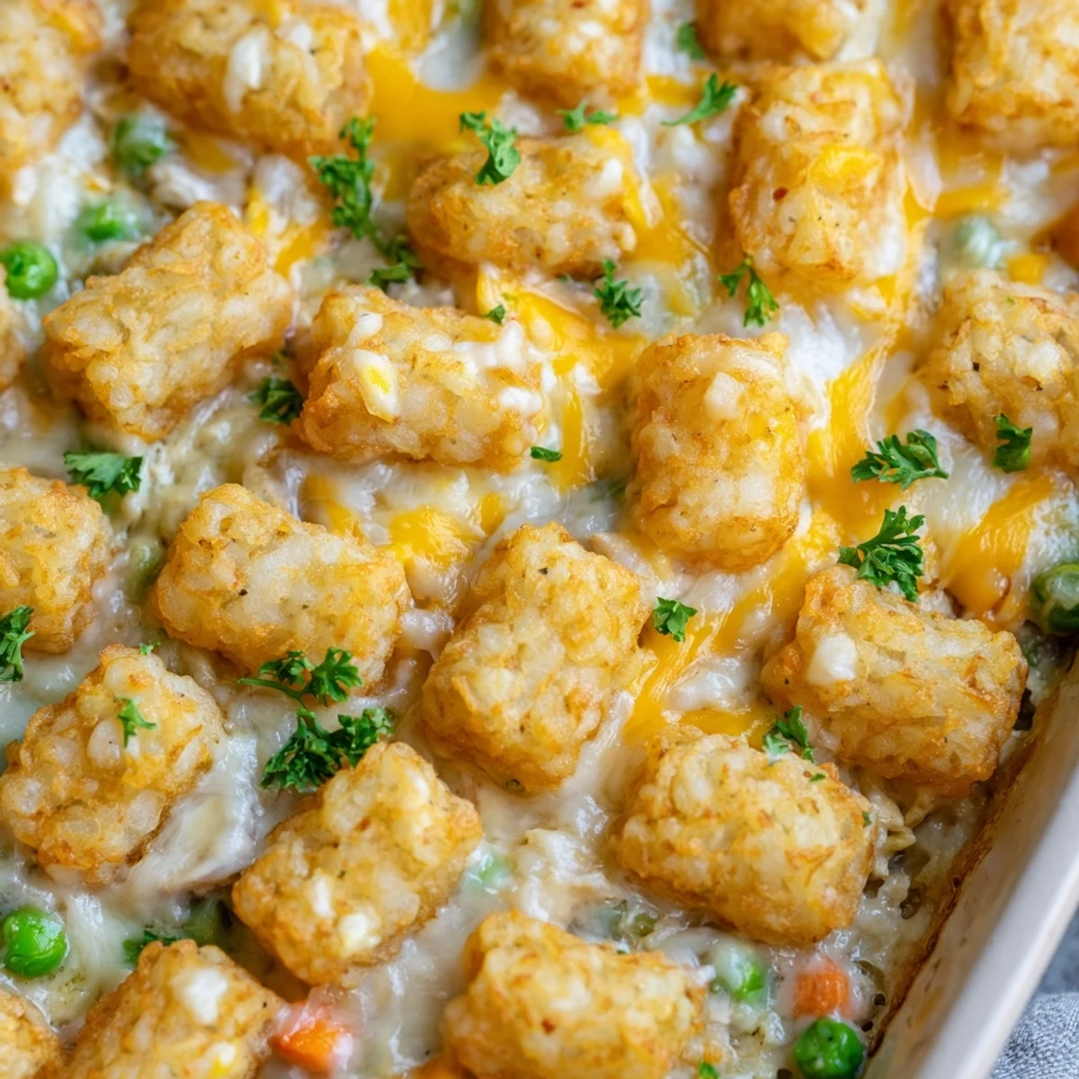 Golden brown cheesy chicken tater tot bake fresh from the oven with melted cheddar