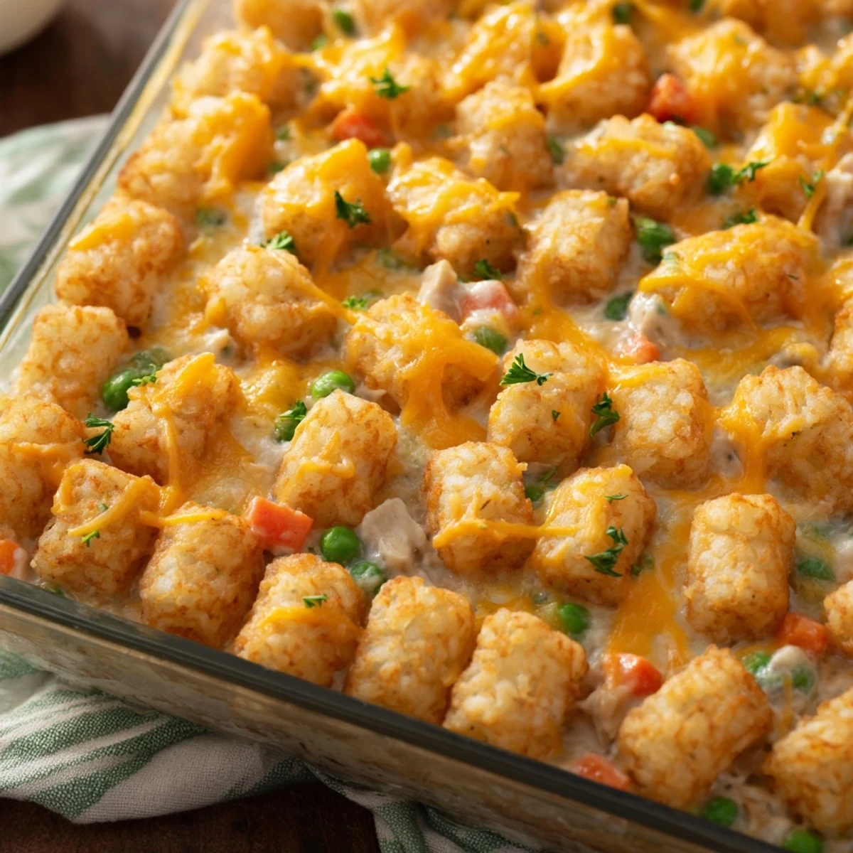 Family-friendly cheesy chicken tater tot bake garnished with fresh parsley ready to serve