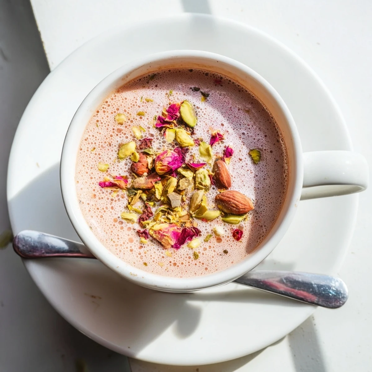 Creamy Kashmiri Pink Chai sprinkled with crushed pistachios and delicate dried rose petals