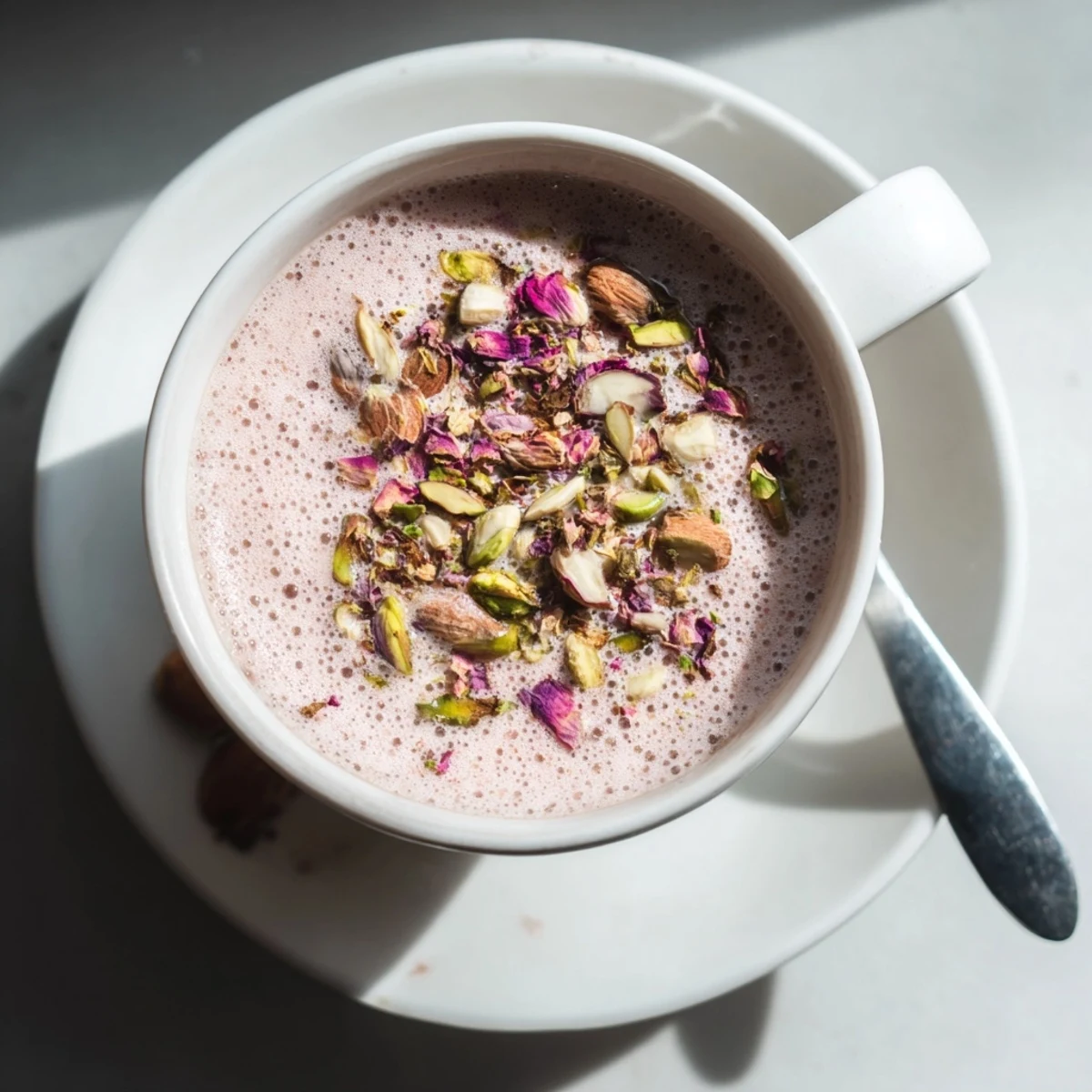 Steaming cup of fragrant pink Kashmiri Noon Chai garnished with chopped almonds