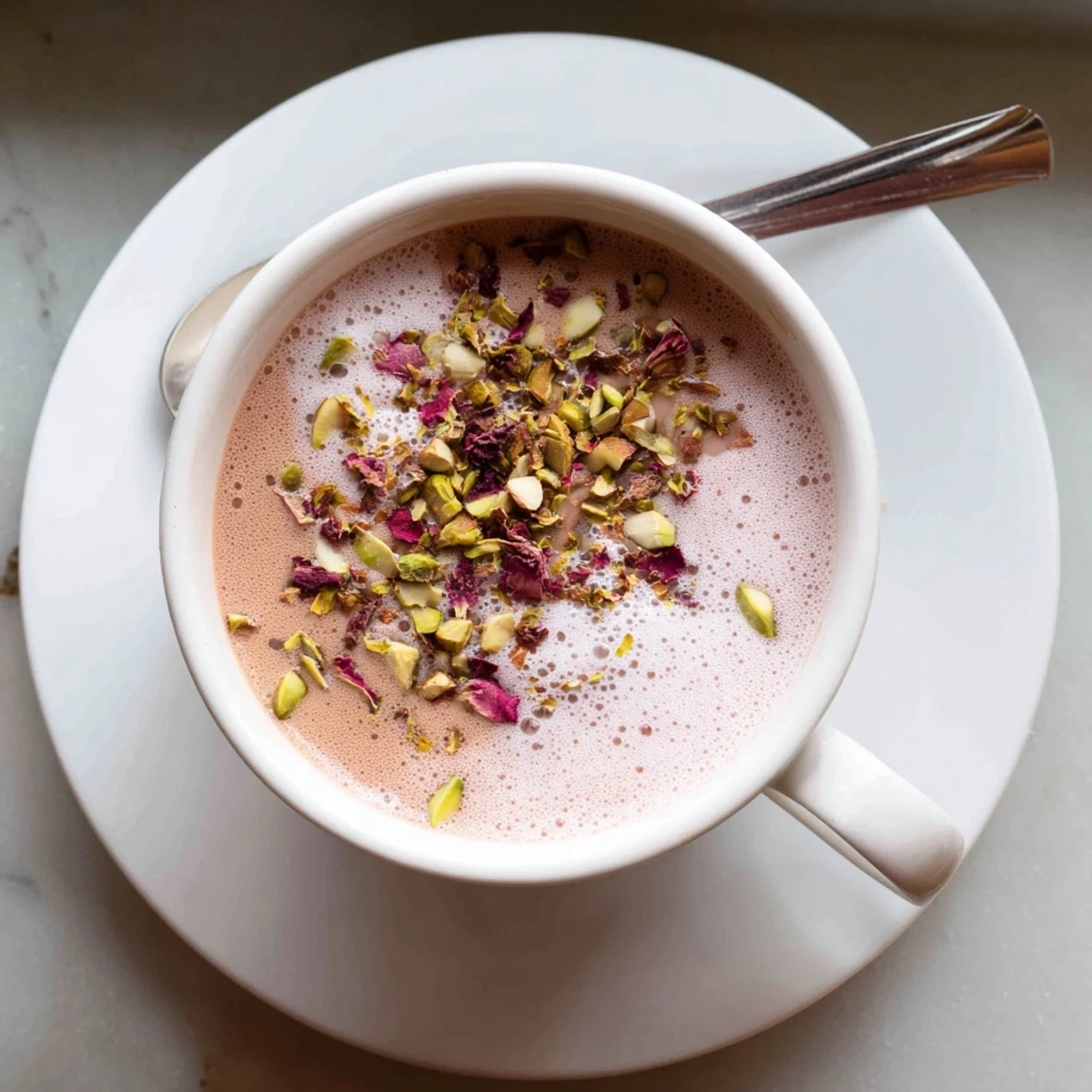 Blush-hued Kashmiri Pink Chai in white teacup topped with green cardamom and nuts