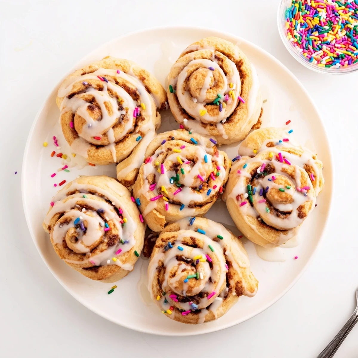 Golden funfetti cinnamon sprinkle rolls drizzled with vanilla glaze and topped with colorful rainbow sprinkles on a white plate.