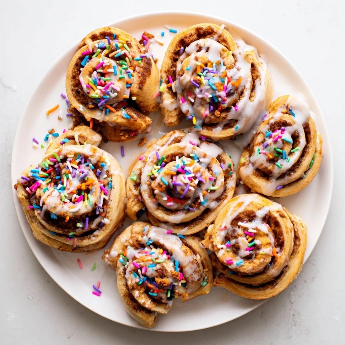 Warm homemade funfetti cinnamon sprinkle rolls with creamy vanilla glaze dripping down the sides and extra sprinkles on top.