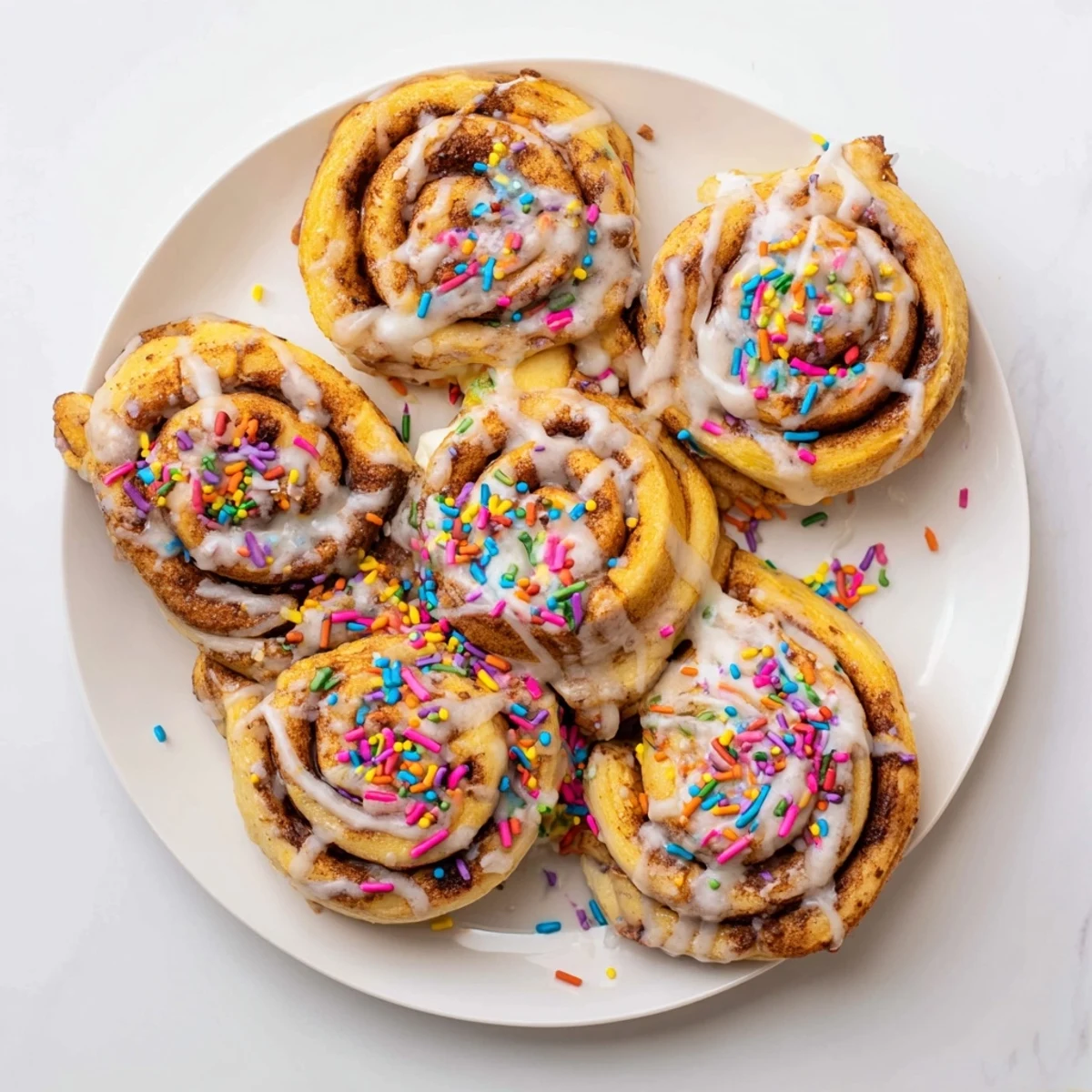 Freshly baked funfetti cinnamon rolls with swirls of rainbow sprinkles and sweet cinnamon sugar filling, perfect for breakfast celebrations.