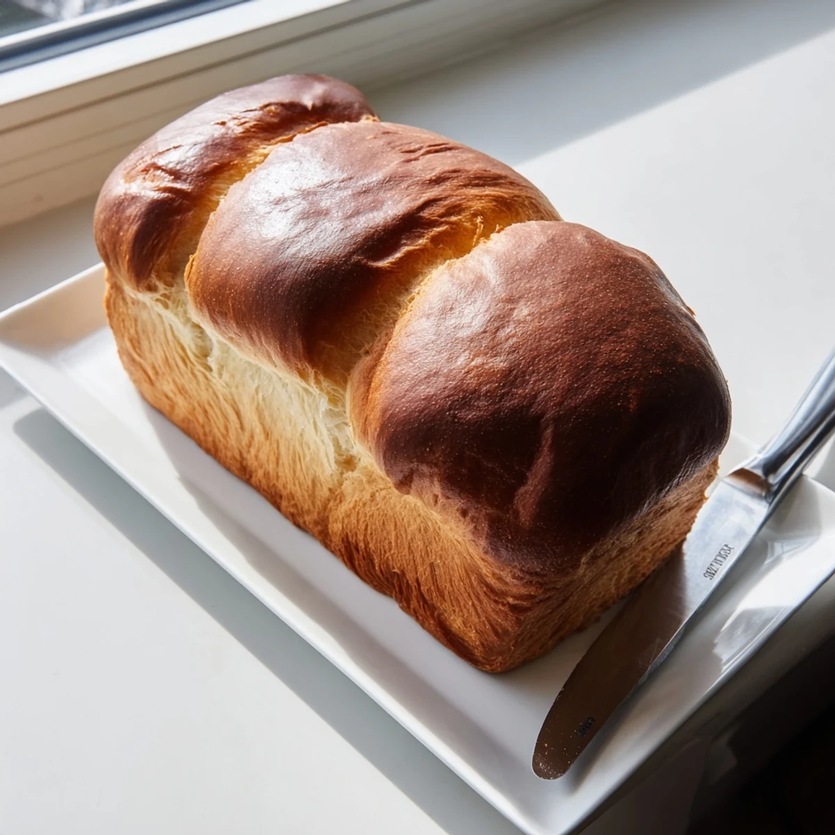 Golden milk brioche loaf with glossy egg-washed top and pillowy soft interior