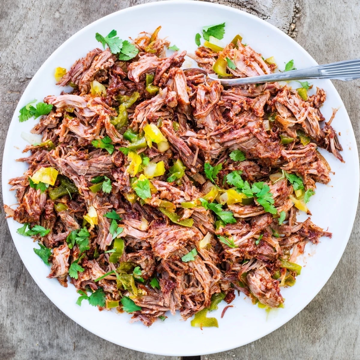 Rich beef barbacoa slow-cooked with chipotle peppers and spices then fork-shredded for serving