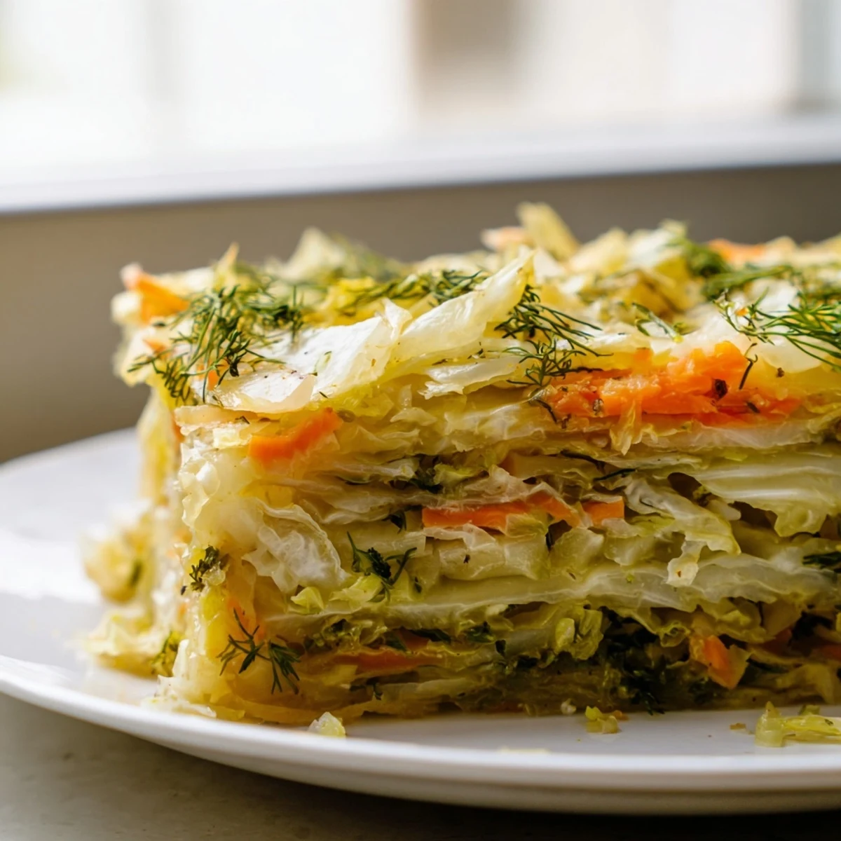 Golden brown slow roasted cabbage and sauerkraut casserole with tender shredded layers
