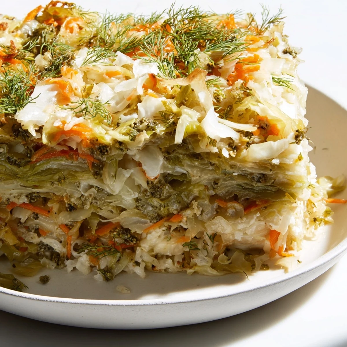 Hearty German-style slow roasted cabbage and sauerkraut casserole garnished with fresh green dill