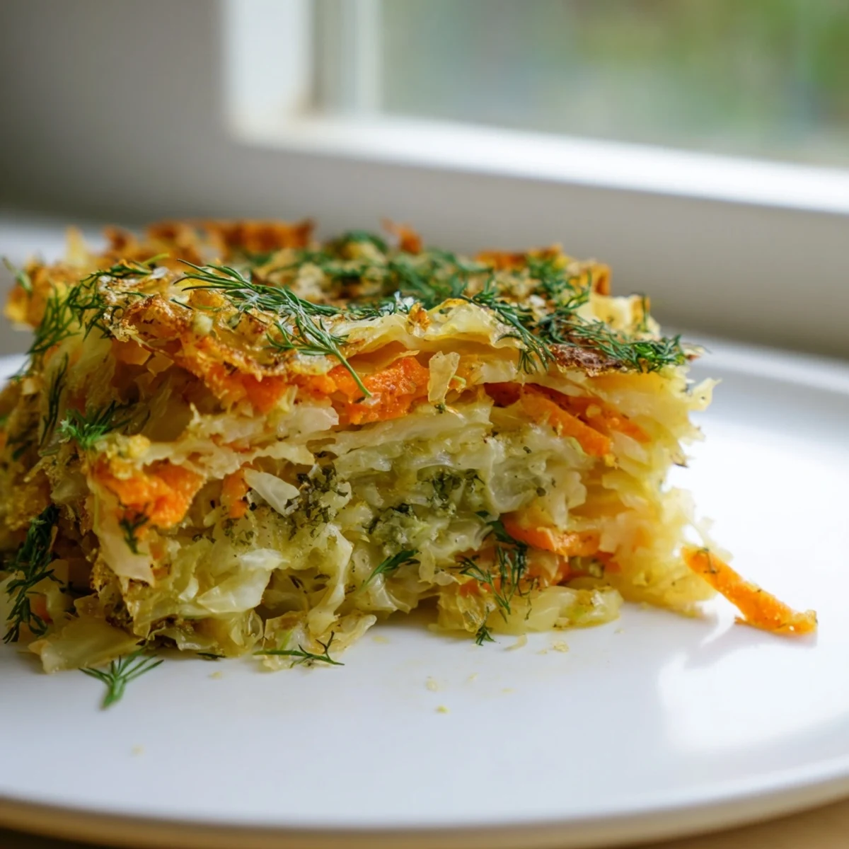 Savory slow roasted cabbage and sauerkraut casserole bubbling in a deep baking dish