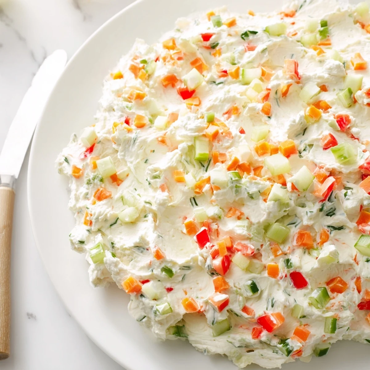 Creamy garden vegetable spread featuring colorful diced peppers and herbs served on crackers
