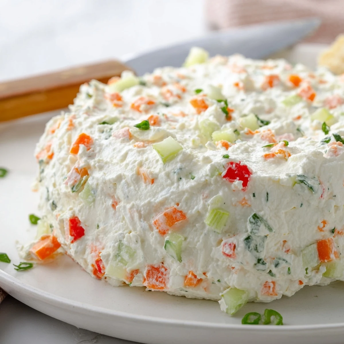 Vibrant garden vegetable spread with fresh vegetables in creamy cheese base for appetizers