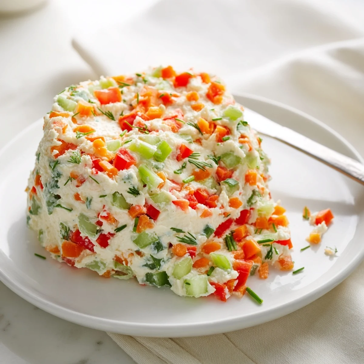 Garden vegetable spread recipe topped with parsley and dill alongside crispy crackers