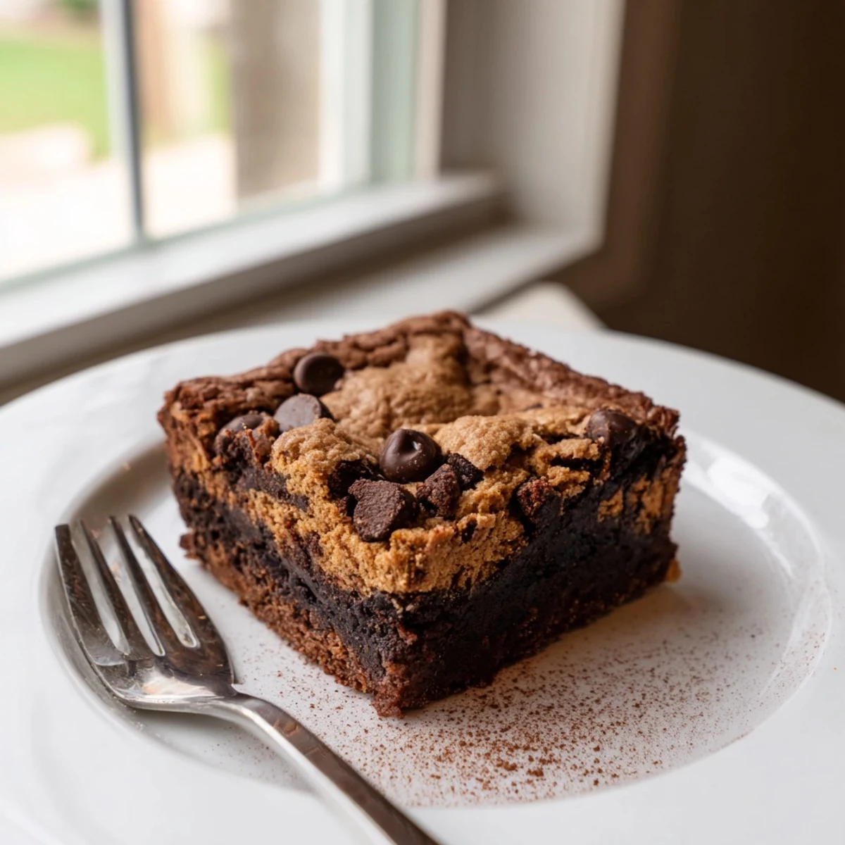Freshly baked fudgy chewy brookies bar with melty chocolate chips on top