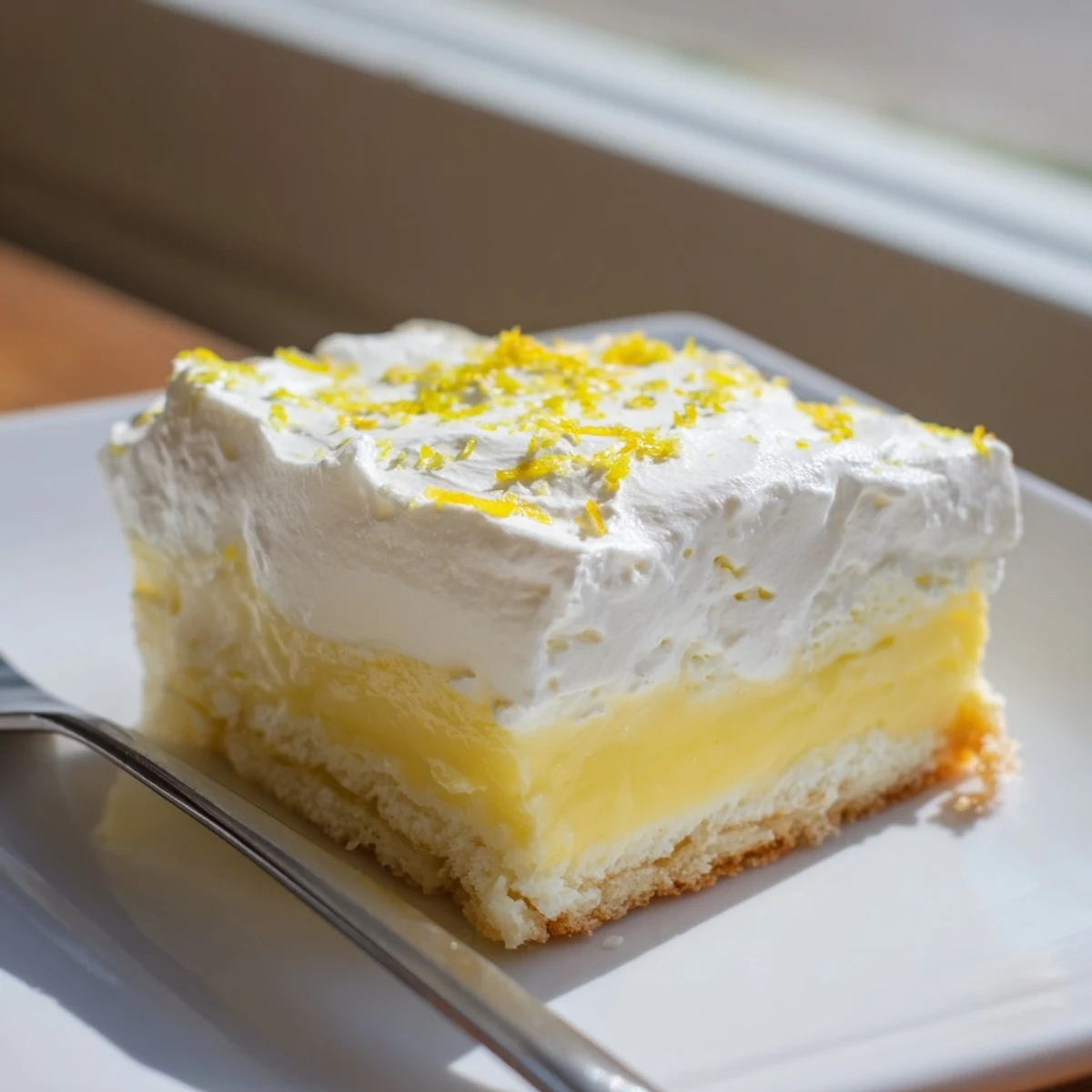 Golden square of Lemon Lush Cake with white whipped cream and bright lemon zest garnish