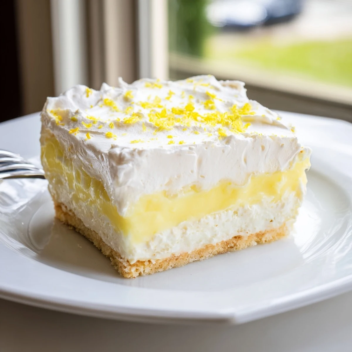 Layered Lemon Lush Cake dessert slice showing creamy lemon pudding and fluffy white topping