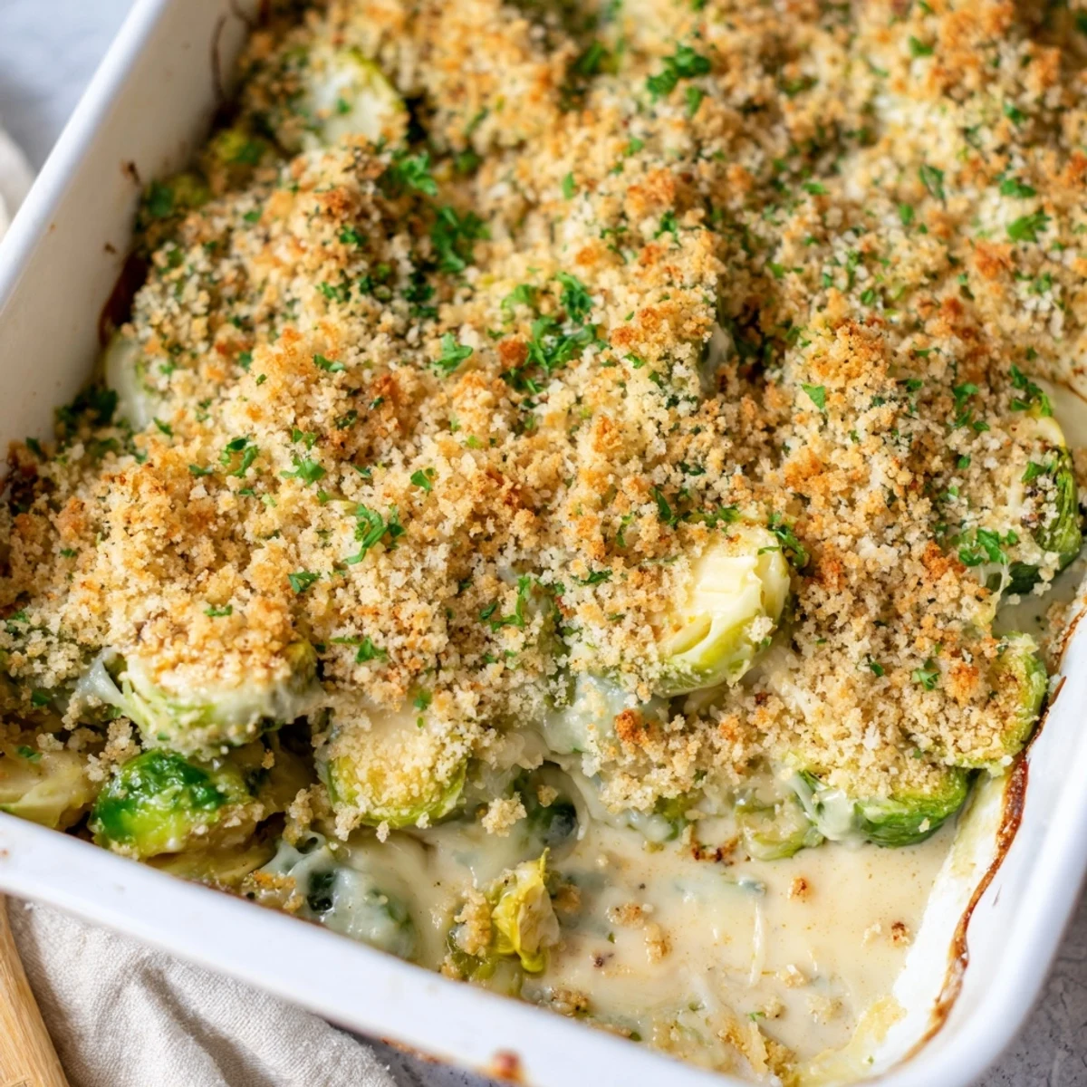 Golden brown creamy Parmesan Brussels sprouts casserole topped with crispy breadcrumbs and fresh parsley