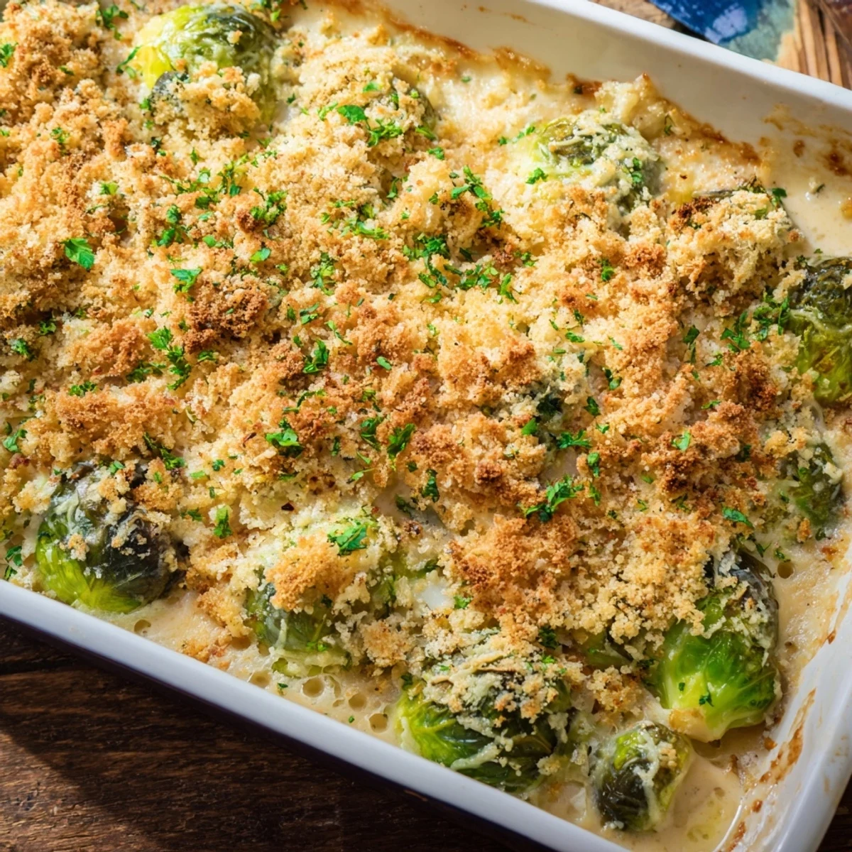 Bubbling hot Brussels sprouts casserole with melted mozzarella and Parmesan in a rich white sauce