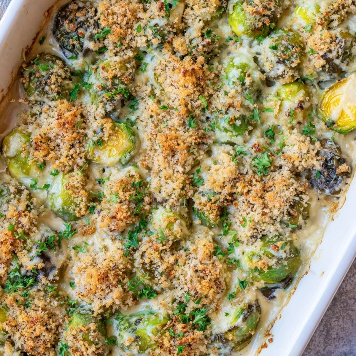 Comforting Parmesan Brussels sprouts casserole served in a baking dish with golden cheesy crust