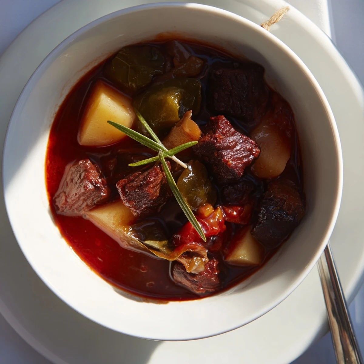 Golden-browned beef chuck cubes braised slowly with aromatic vegetables and fresh herbs in traditional Italian spezzatino