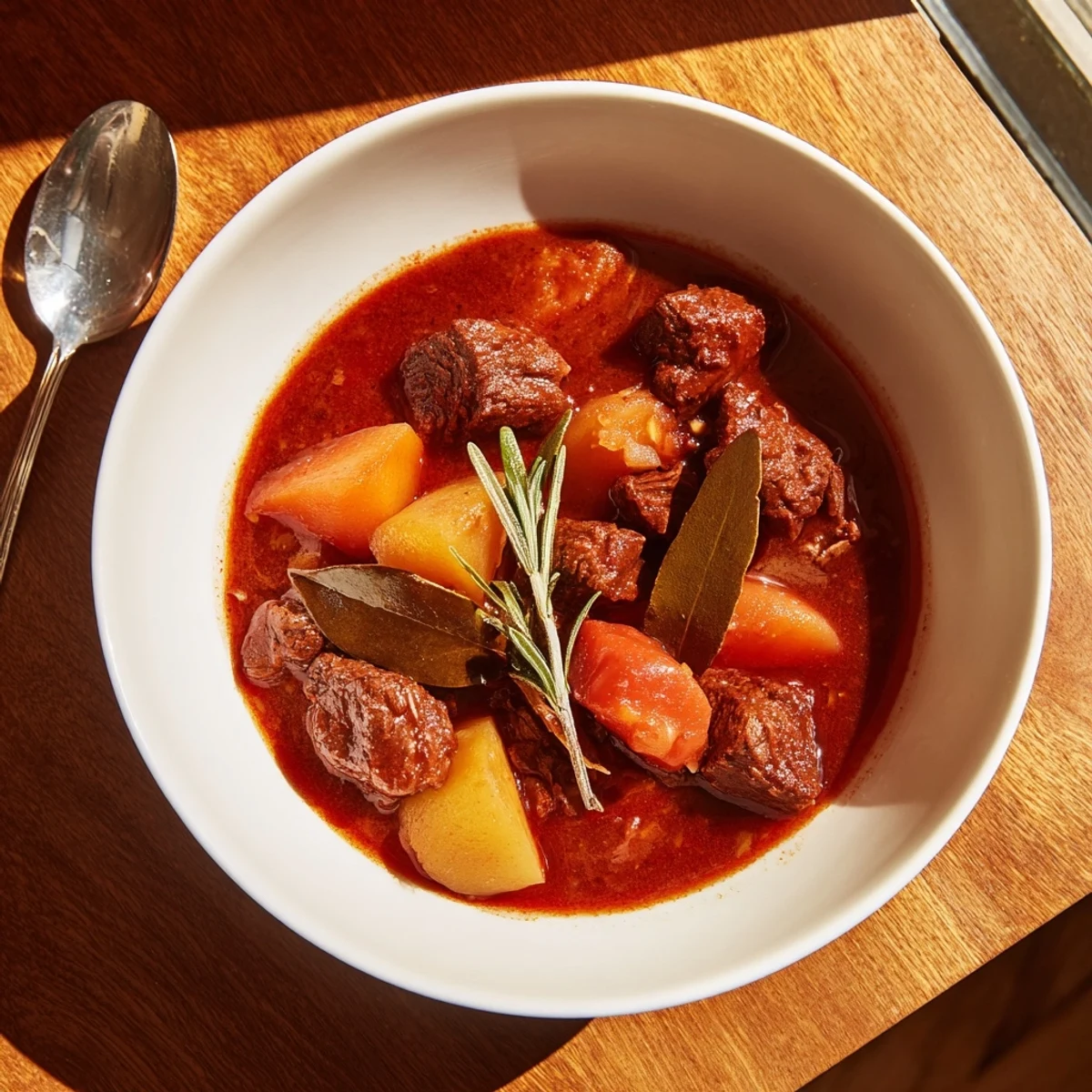 Rustic Italian beef stew spezzatino simmering with tender potatoes, carrots, and celery in rich red wine sauce
