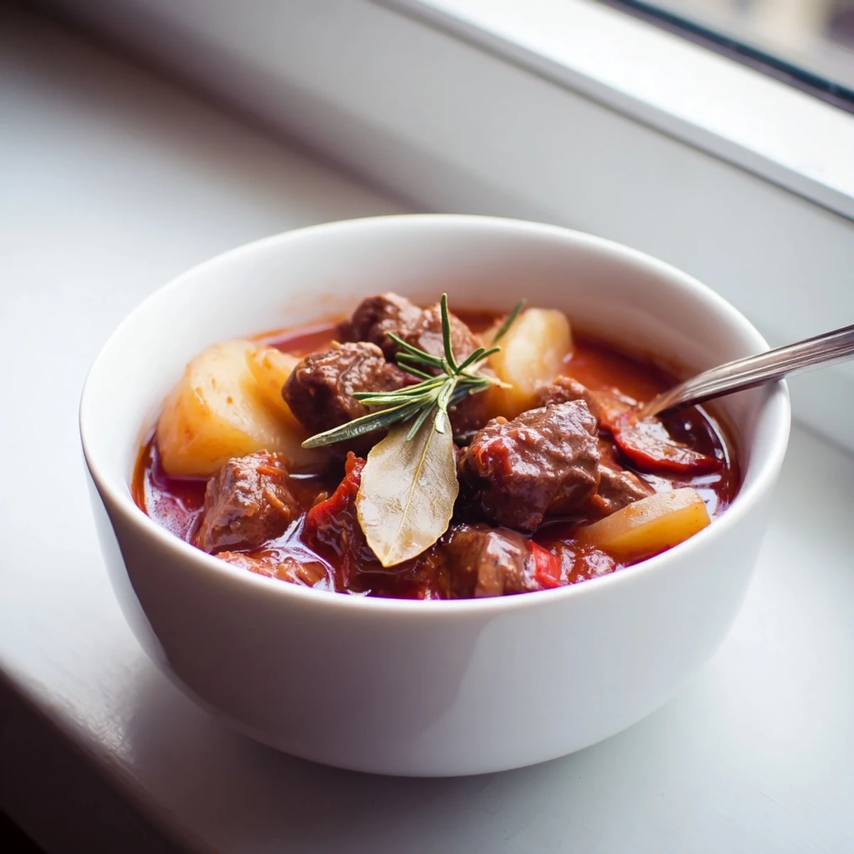 Hearty spezzatino di manzo served in deep bowl with chunks of beef, vegetables, and savory thickened broth