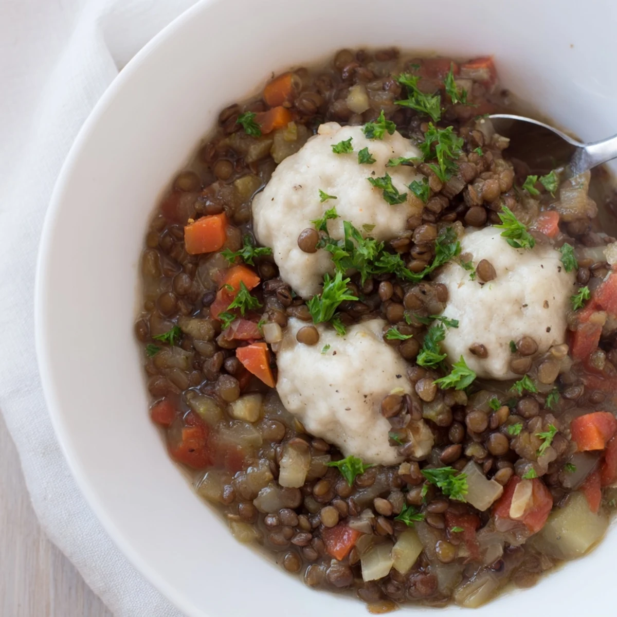 Comforting bowl of lentils with dumplings featuring tender carrots and celery in savory broth