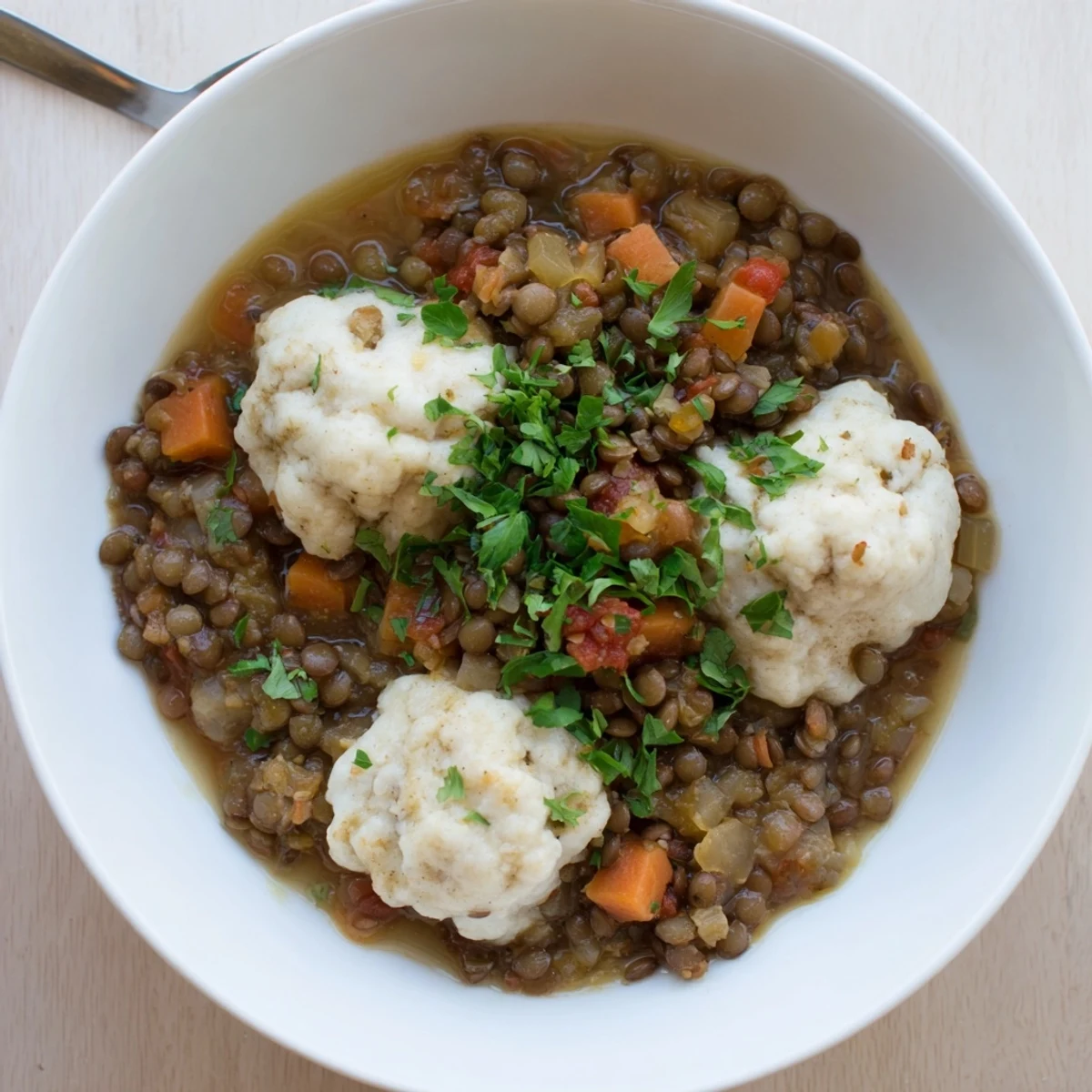 Golden brown fluffy dumplings steaming atop a rich lentil stew with diced vegetables
