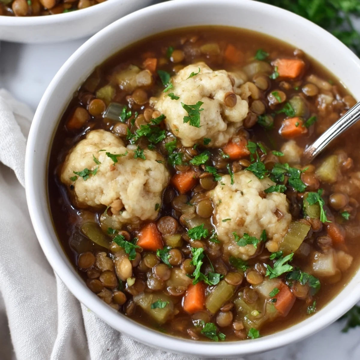 Hearty vegetarian lentils with dumplings served in a rustic bowl garnished with fresh parsley