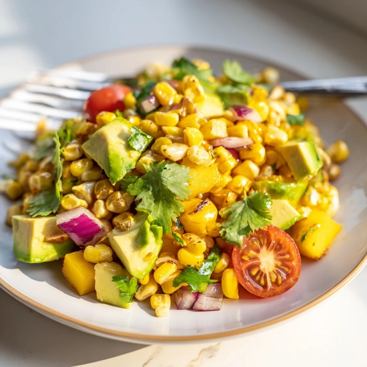 Tropical charred corn and avocado salad featuring grilled corn kernels with ripe avocado chunks, juicy pineapple, and colorful cherry tomatoes in a large white bowl