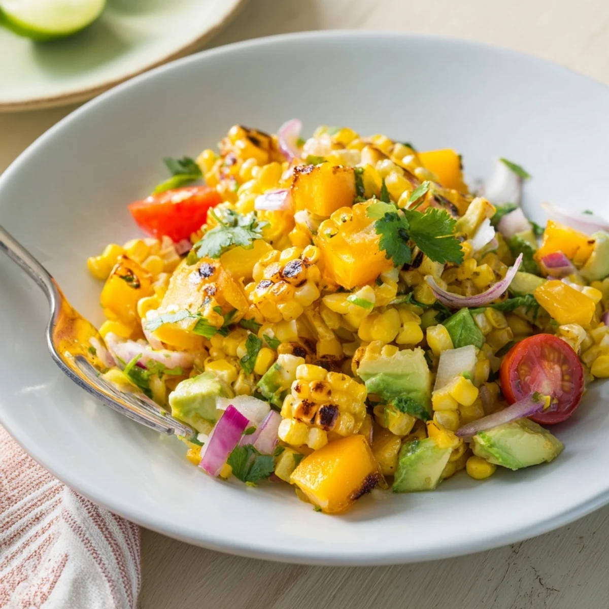 Vibrant summer bowl of tropical charred corn and avocado salad with fresh mango, red onion, and cilantro, drizzled with zesty lime dressing