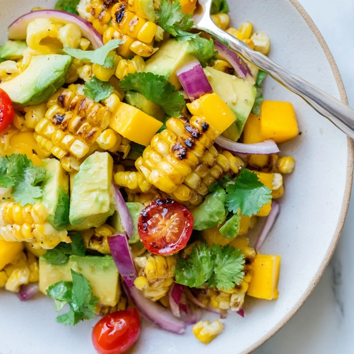Colorful tropical charred corn and avocado salad arranged on a rustic wooden table, showcasing charred corn, diced mango, and cherry tomato halves
